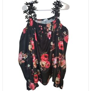 Floral Black and Pink Women's Cold Shoulder Top